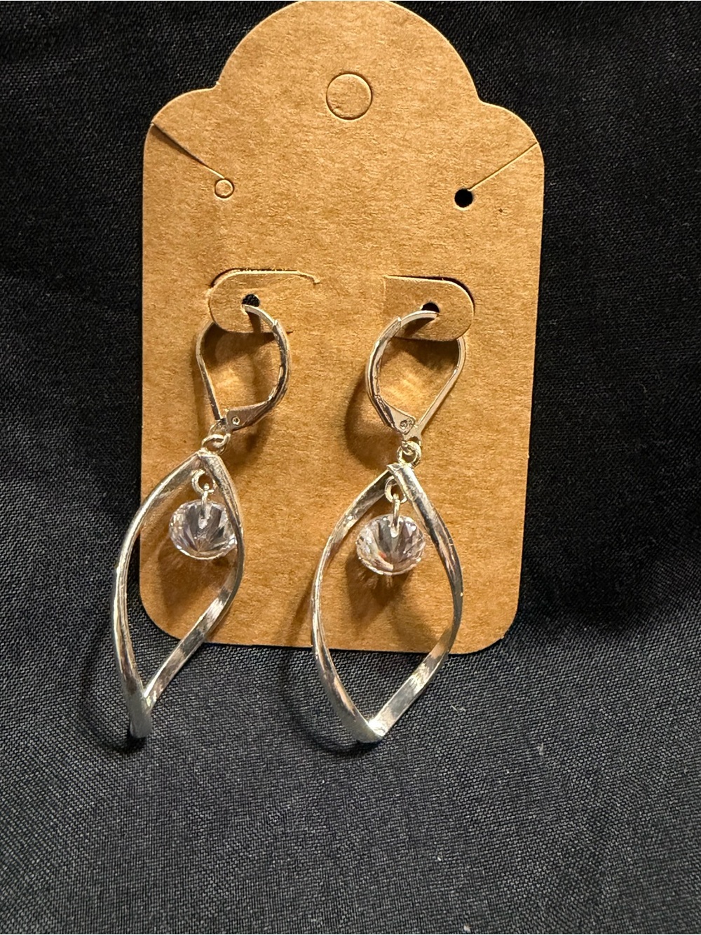 Source Unknown Silver Twist Drop Earrings with Clear Crystal Bead